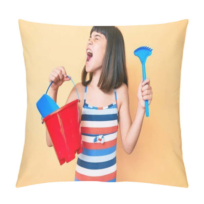 Personality  Young Little Girl With Bang Playing With Summer Shovel And Bucket Toys Angry And Mad Screaming Frustrated And Furious, Shouting With Anger. Rage And Aggressive Concept.  Pillow Covers