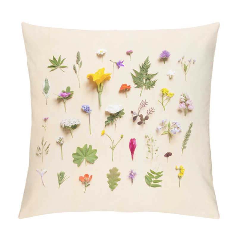 Personality  Collection Of Various Blooming Fresh Flowers, Green Leaves And Herbs On Pastel Background. Flat Lay.  Pillow Covers