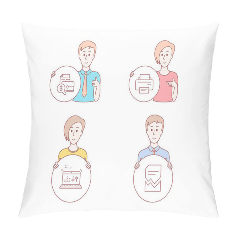 Personality  People Hand Drawn Style. Set Of Accounting Report, Sound Check And Printer Icons. Corrupted File Sign. Financial Case, Dj Controller, Printing Device. Damaged Document.  Character Hold Circle Button Pillow Covers