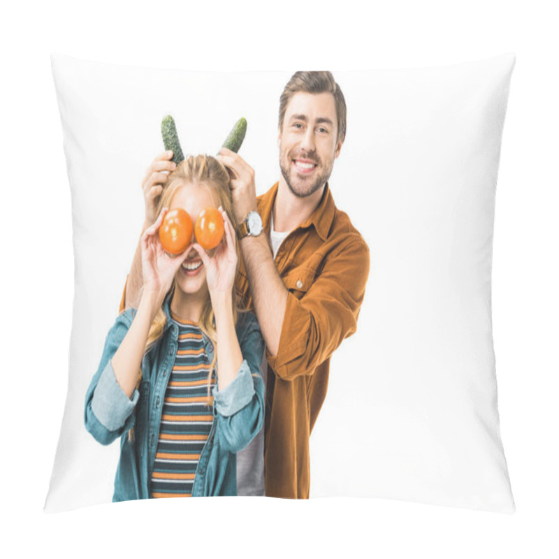 Personality  Cheerful Man Doing Horns With Cucumbers To Girlfriend While She Covering Eyes By Tomatoes Isolated On White Pillow Covers