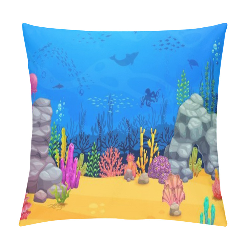 Personality  Cartoon Underwater Landscape With Fish Shoal Silhouettes And Seaweeds. Ocean Or Sea Animals And Plants Scene, Underwater Life Vector Background With Seaweed, Corals And Octopus, Jellyfish, Dolphin Pillow Covers