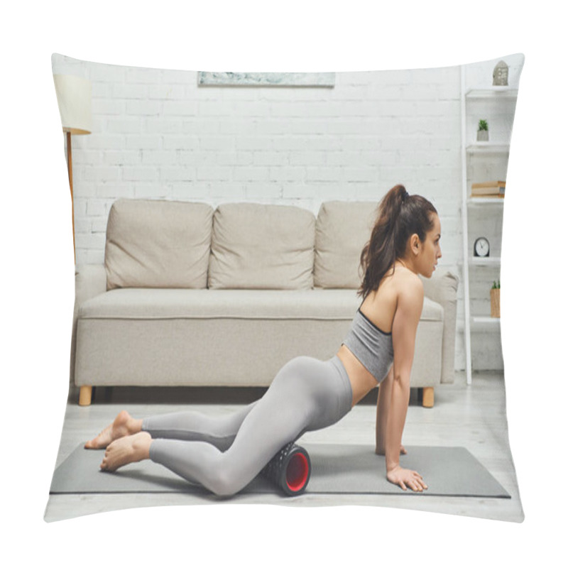 Personality  Side View Of Barefoot And Brunette Young Woman In Sportswear Massaging Legs With Modern Roller Massager On Fitness Mat At Home, Maintaining Healthy Lymphatic System Concept, Myofascial Release Pillow Covers