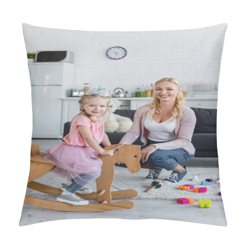 Personality  Happy Child In Fairy Costume Riding Rocking Horse Near Smiling Mother Pillow Covers