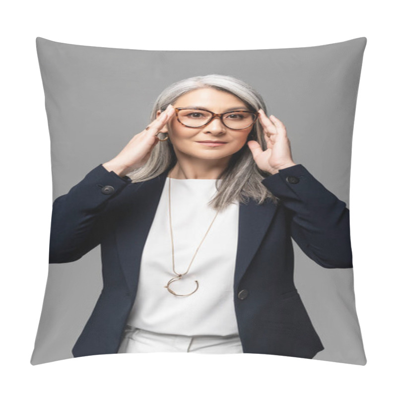 Personality  Executive Asian Businesswoman With Grey Hair In Eyeglasses Isolated On Grey Pillow Covers