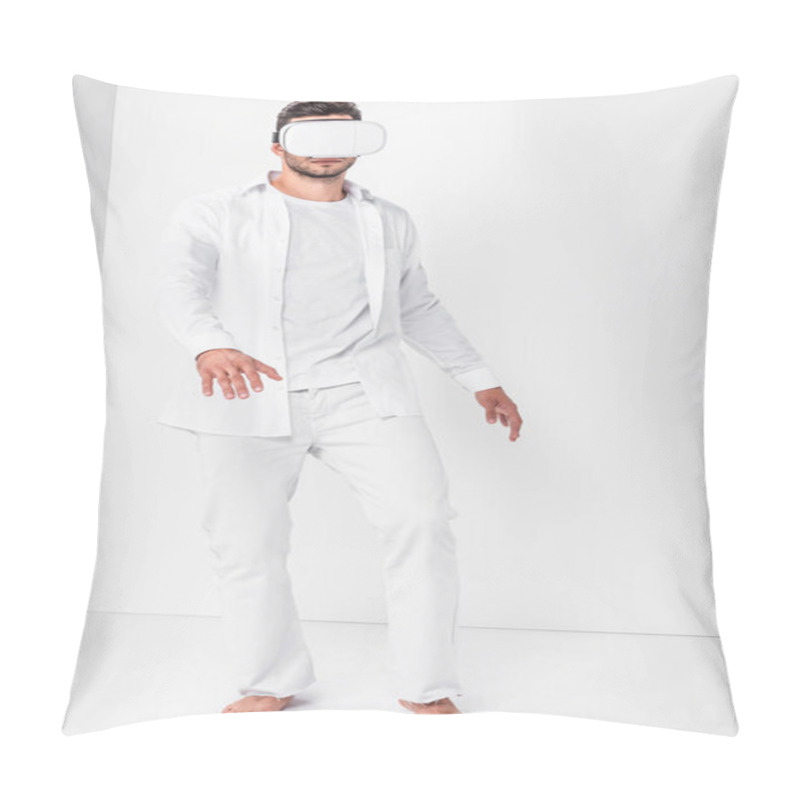 Personality  Adult Man In Total White Wearing Virtual Reality Headset Pillow Covers