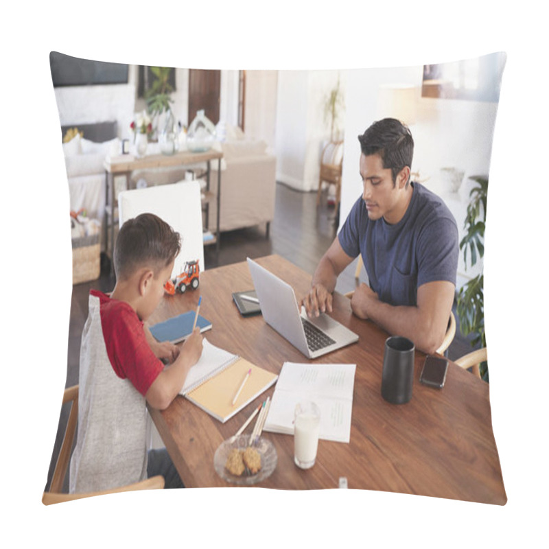 Personality  Hispanic Father And Son Working Opposite Each Other At The Dining Room Table, Elevated View Pillow Covers