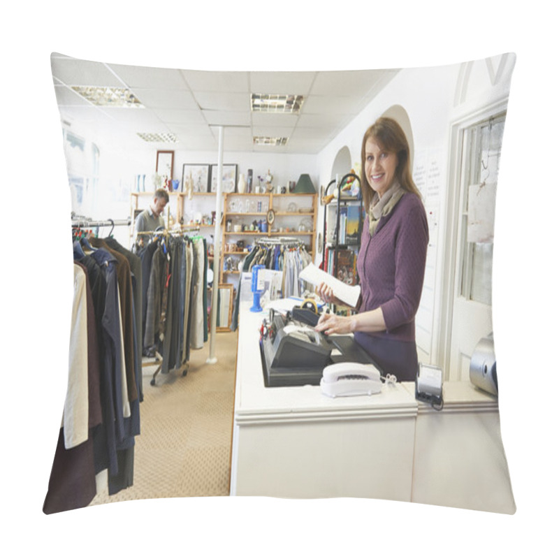 Personality  Volunteer In Charity Shop With Customer Pillow Covers