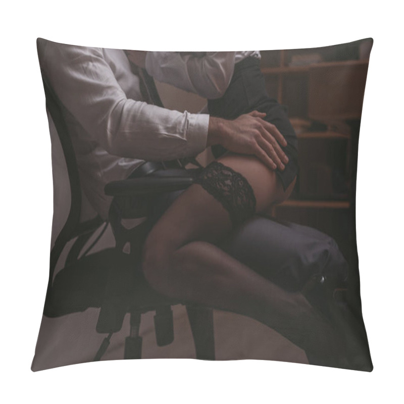 Personality  Cropped View Of Secretary In Stockings Sitting On Businessman In Formal Wear Pillow Covers