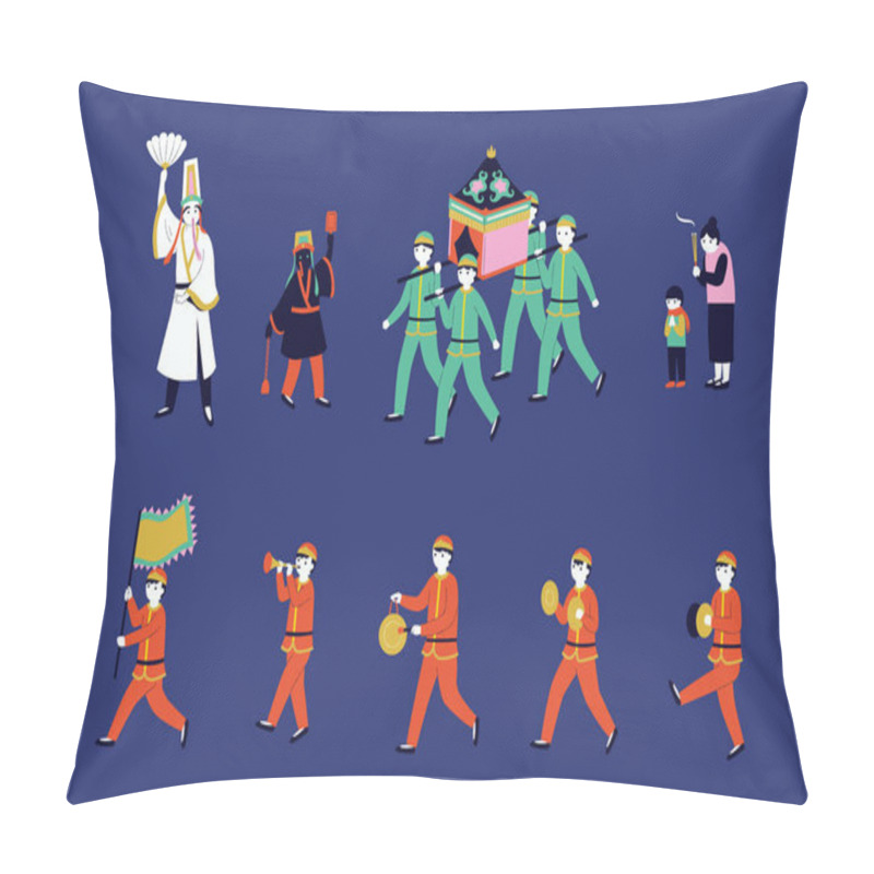 Personality  Pop Art Taiwanese Religion Characters Collection, Including Underworld Gods, Religious Sedan, Religious Family, Traditional Music Performers. Isolated On Dark Blue Background Pillow Covers