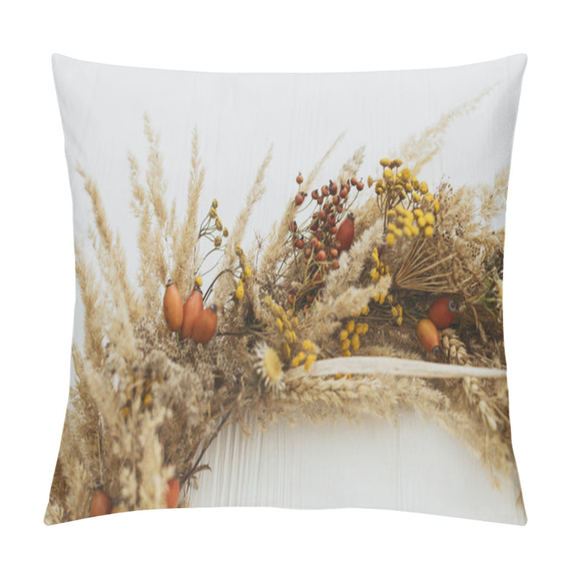 Personality  Stylish Autumn Rustic Wreath Close Up. Creative Boho Wreath With Dried Pampas Grass, Tansy Wildflowers, Wheat, Dog-rose Berries On White Wooden Table. Fall Decor Details Pillow Covers