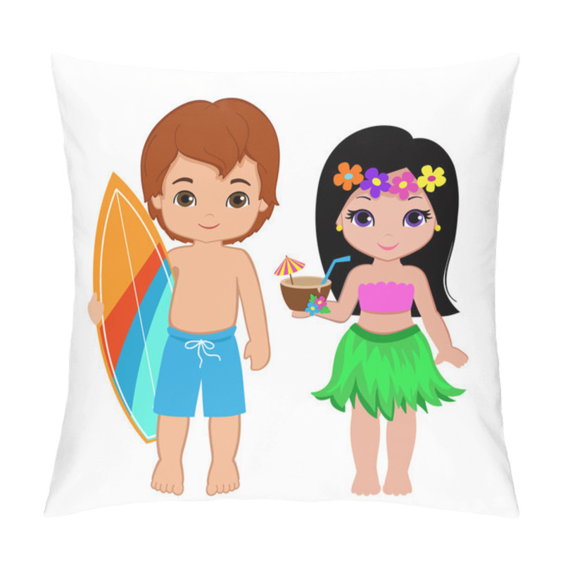 Personality  Illustration Of Cute Boy With Surfboard And Hawaiian Girl With Cocktail. Pillow Covers