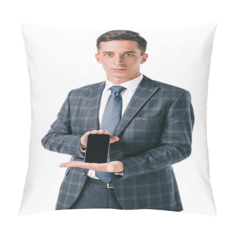 Personality  Portrait Of Businessman In Suit Showing Smartphone With Blank Screen Isolated On White Pillow Covers