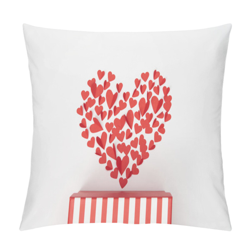 Personality  Top View Of Heart Shaped Arrangement Of Small Red Paper Cut Hearts And Striped Gift Box On White Background Pillow Covers