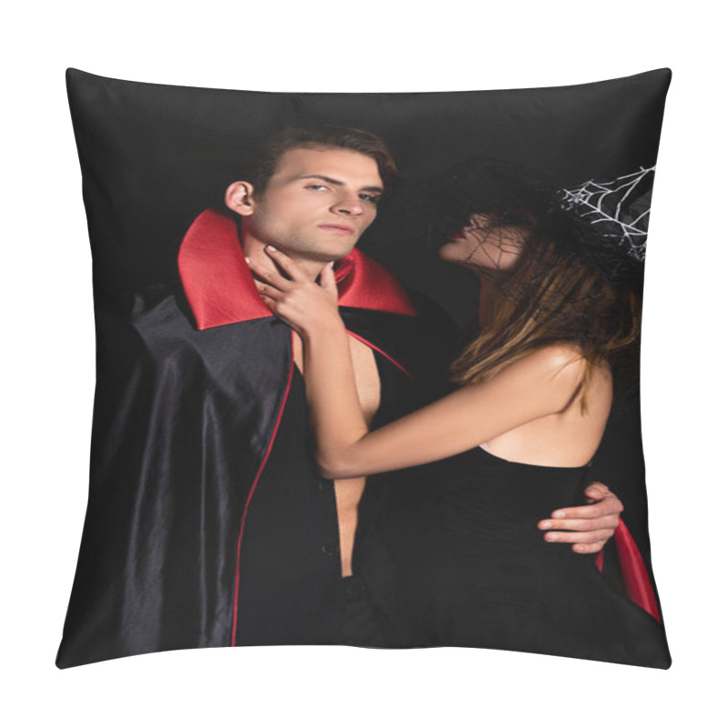 Personality  Woman In Witch Hat Touching Neck Of Man In Halloween Costume Isolated On Black  Pillow Covers