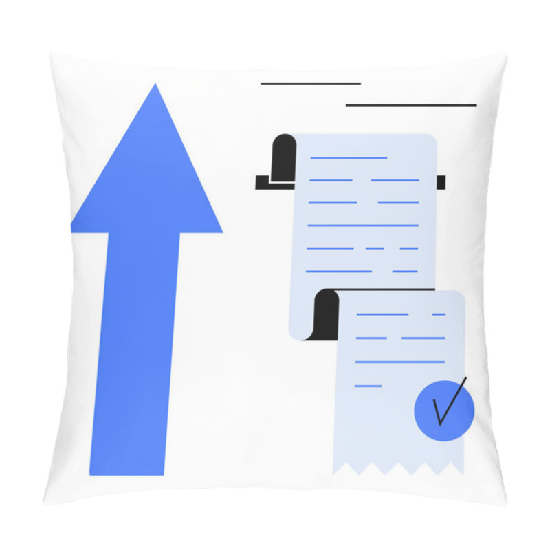 Personality  Large Blue Arrow Pointing Up Beside Financial Documents With A Check Mark. Ideal For Business Growth, Financial Success, Progress Visualization, Economic Trends, And Achievements Representation Pillow Covers