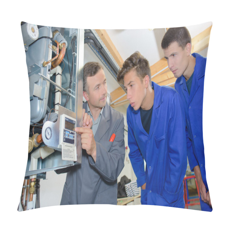 Personality  Man Looking At Digital Display On Boiler With Two Apprentices Pillow Covers