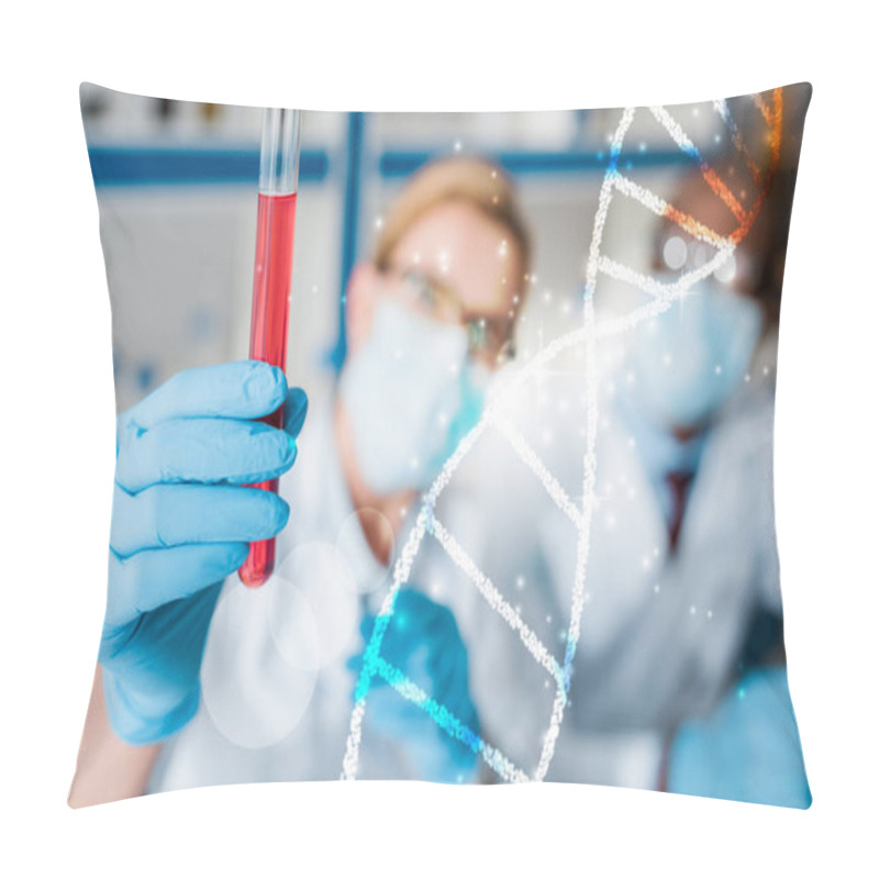 Personality  Selective Focus Of Multicultural Biologists Looking At Test Tube With Dna Illustration Pillow Covers