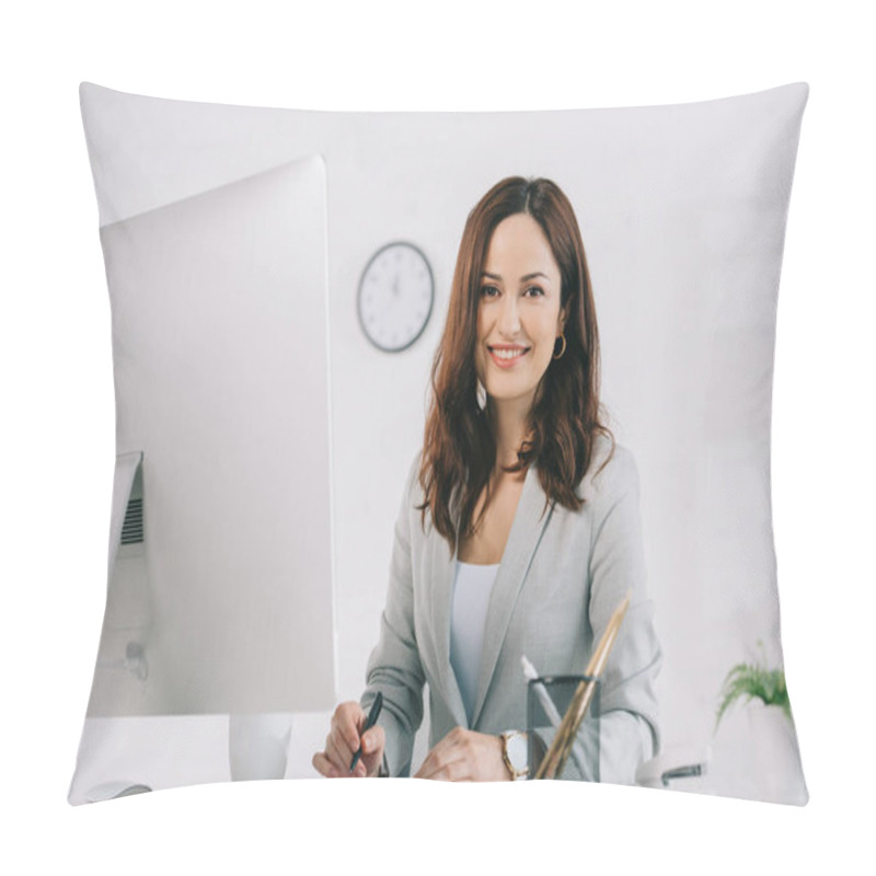 Personality  Beautiful, Smiling Secretary Looking At Camera While Sitting At Workplace Near Computer Monitor Pillow Covers