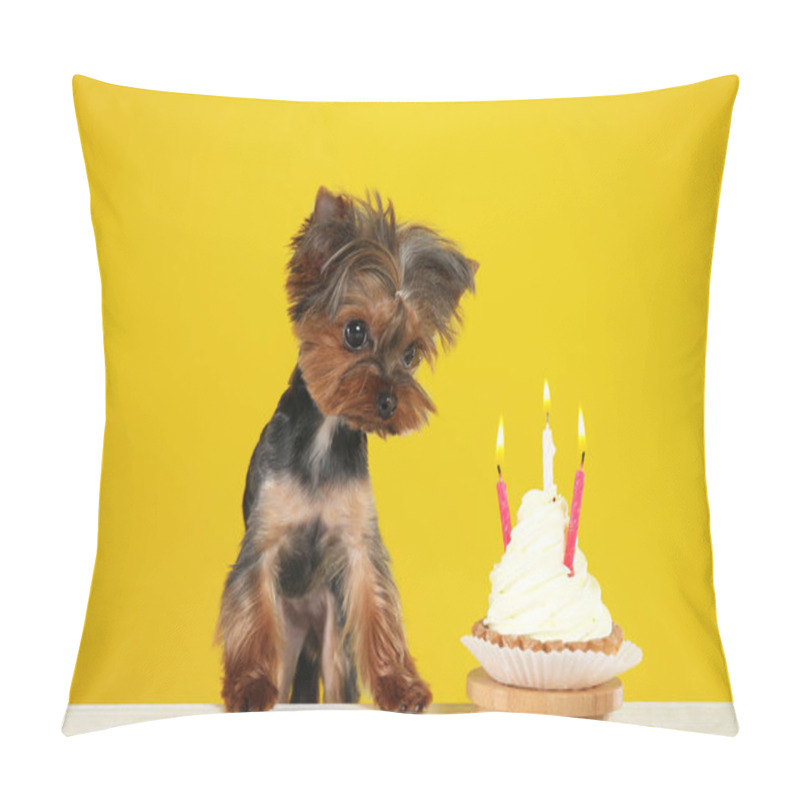 Personality  Cute Yorkshire Terrier Dog With Birthday Cupcake At Table Against Yellow Background Pillow Covers