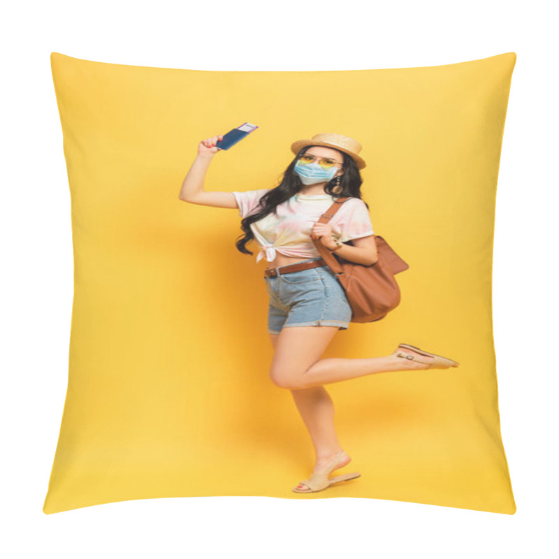 Personality  Brunette Girl In Summer Outfit And Medical Mask With Bag And Boarding Pass On Yellow Background Pillow Covers