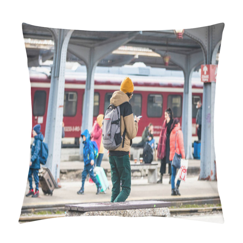 Personality  Travelers And Commuters Waiting For A Train On The Train Platform Of Bucharest North Railway Station (Gara De Nord Bucharest) In Bucharest, Romania, 2022 Pillow Covers