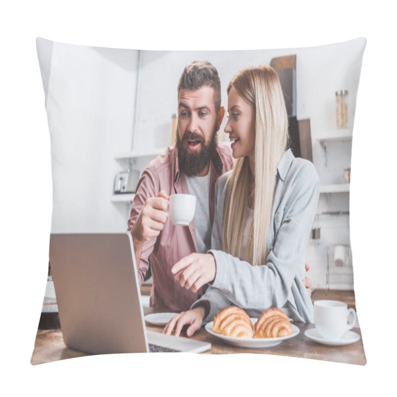 Personality  Cheerful Couple Having Breakfast And Using Laptop In Morning Pillow Covers