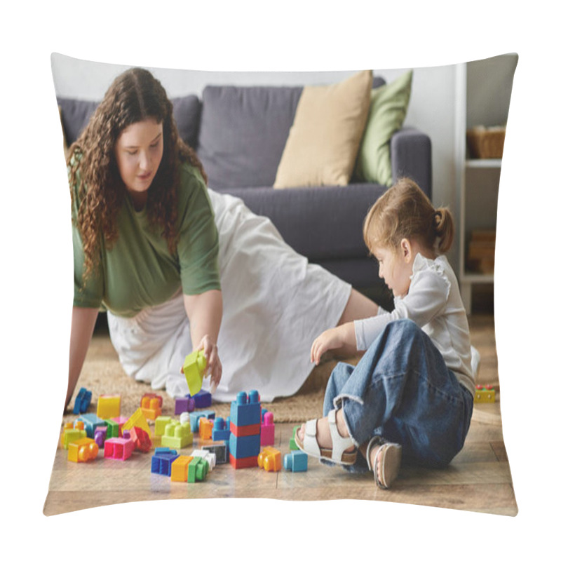 Personality  A Mother And Daughter Happily Engage In Creative Play As They Build With Bright Blocks Together. Pillow Covers