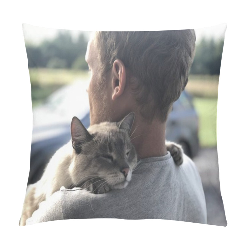 Personality  Happy Meeting Of The Gray Blue-eyed Cat With The Owner After Parting, The Cat Gratefully Hugs The Blonde And Smiles. Meeting Of The Friends Of The Background Lawn And A Car In The Yard Of A Private Home. Animal Smiling, Happiness And Harmony Pillow Covers