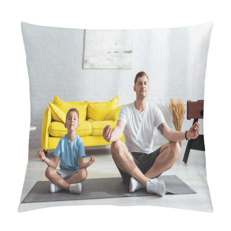 Personality  Father And Son Sitting In Lotus Poses On Fitness Mat With Closed Eyes Pillow Covers