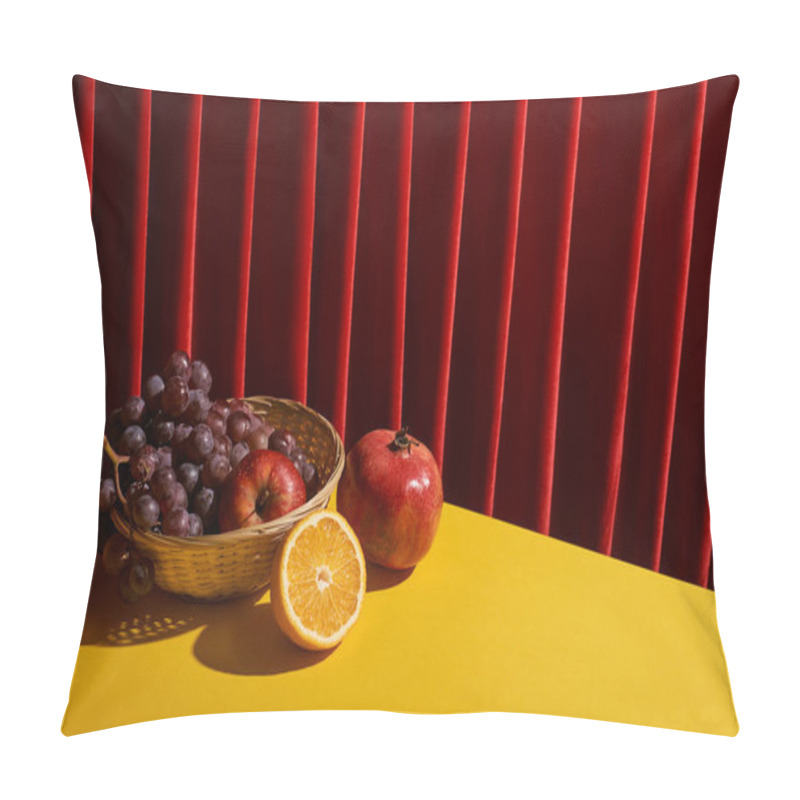 Personality  Classic Still Life With Fruits In Wicker Basket On Yellow Table Near Red Curtain Pillow Covers