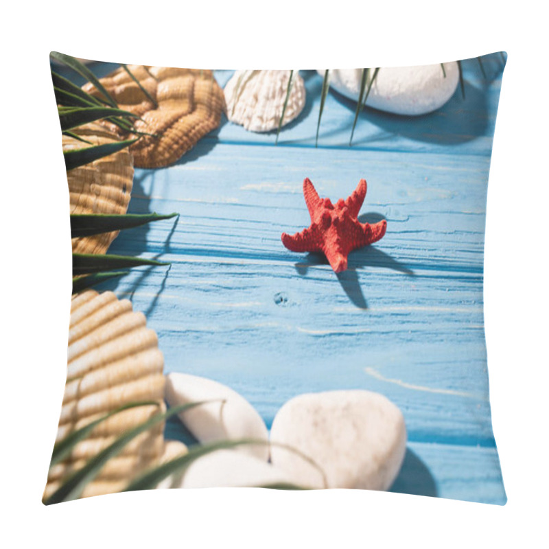 Personality  Seashells, Starfish And Palm Leaves On Wooden Blue Background Pillow Covers