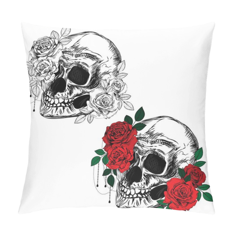 Personality  Vintage Roses And Skull. Set Of Gothic Tattoos. Collection Of Graphic And Color Isolated Vector Illustrations. Pillow Covers