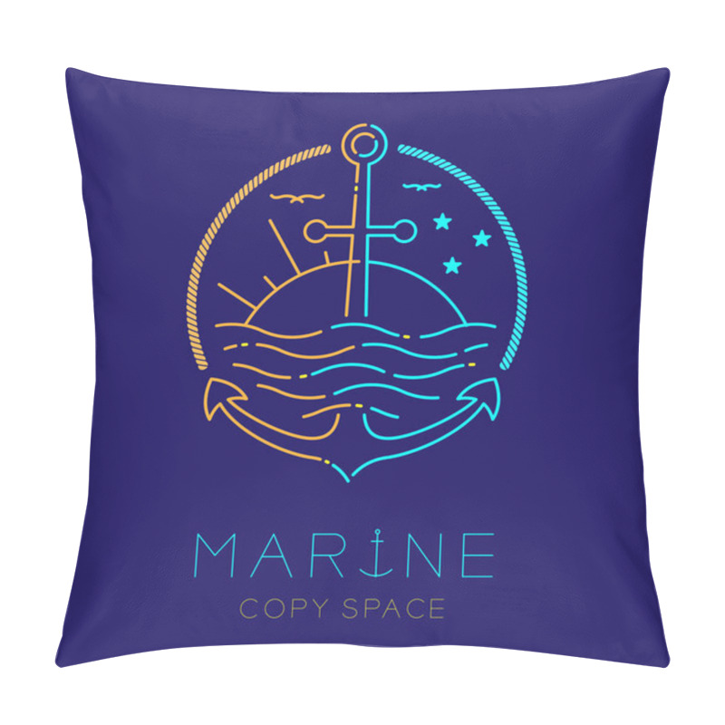 Personality  Anchor, Sun, Moon And Wave Shape, Logo Icon Outline Stroke Set Dash Line Design Illustration Isolated On Dark Blue Background With Marine Text And Copy Space Pillow Covers