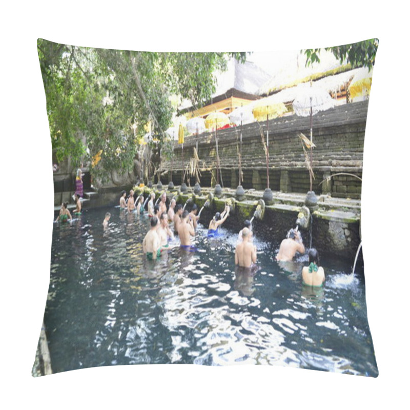 Personality  Bali, Indonesia - October 29, 2019: A Beautiful View Of Tirta Empul, People In Holy Spring Water Temple. Pillow Covers