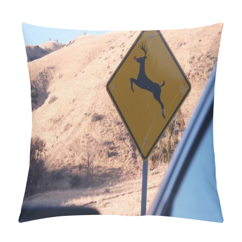 Personality  Deer Crossing Yellow Road Sign, California USA. Wild Animal Xing, Traffic Safety Pillow Covers