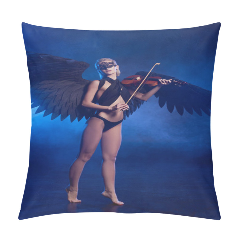 Personality  Beautiful Sexy Barefoot Woman With Lace Mask And Black Angel Wings Playing Violin On Dark Blue Background Pillow Covers