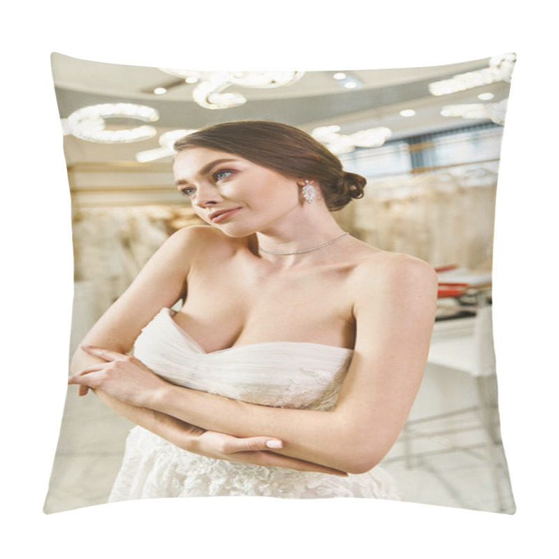 Personality  A Young, Beautiful Bride With Brunette Hair Poses In A White Dress At A Wedding Salon. Pillow Covers