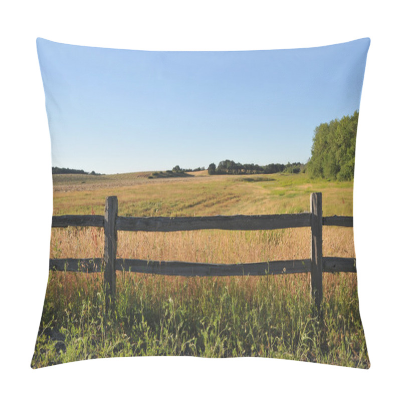 Personality  An Old Wood Fence With A Green Country Field Behind It. Pillow Covers