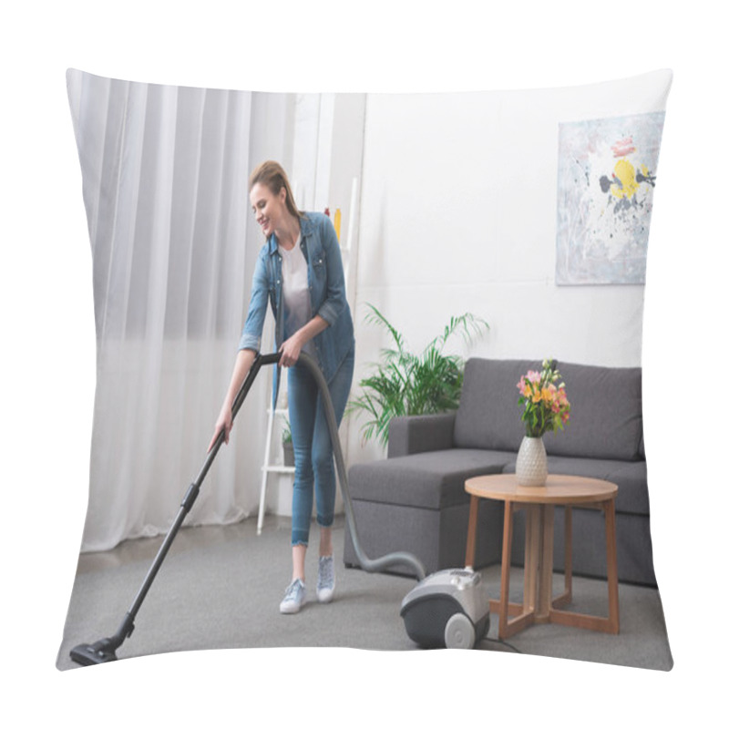 Personality  Attractive Woman With Vacuum Cleaner Cleaning Room At Home Pillow Covers