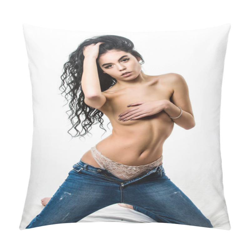 Personality  Sexy Boob. Fashion Beauty. Desire And Temptation. Sex Games. Spa Massage. Sensual Girl With Curly Hair. Sexy Woman Isolated On White. Sensual Woman With Perfect Body Relax Pillow Covers