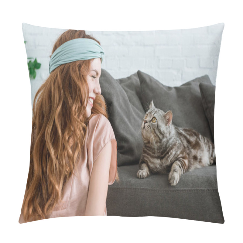 Personality  Beautiful Young Woman Smiling At Adorable Tabby Cat At Home Pillow Covers