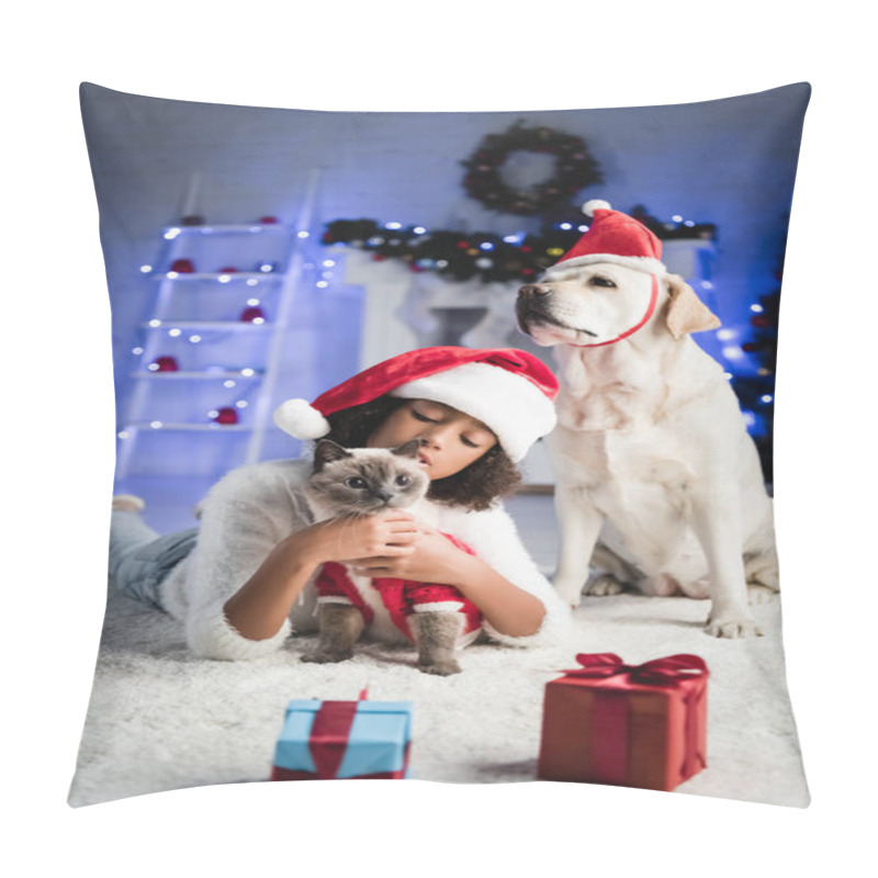 Personality  African American Girl Cuddling Cat While Lying On Floor Near Labrador Dog And Christmas Gifts On Blurred Background Pillow Covers