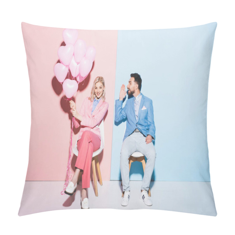 Personality  Smiling Woman Holding Balloons And Handsome Man On Pink And Blue Background  Pillow Covers