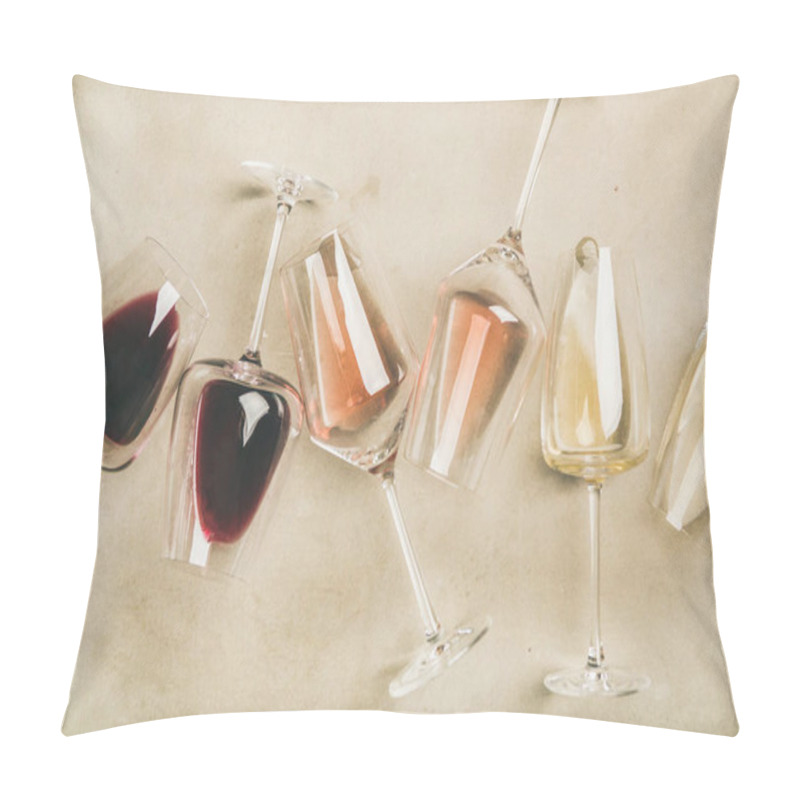 Personality  Flat-lay Of Red, Rose And White Wine In Glasses Over Grey Concrete Background, Top View. Wine Bar, Winery, Wine Degustation Concept Pillow Covers