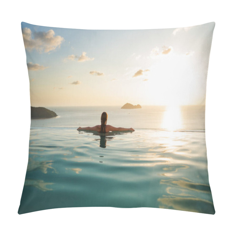 Personality  Girl In The Pool At Sunset With Views Of The Mountains And The Sea Pillow Covers