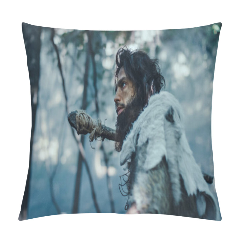 Personality  Primeval Caveman Wearing Animal Skin Holds Stone Tipped Spear Looks Around, Explores Prehistoric Forest In A Hunt For Animal Prey. Neanderthal Going Hunting In The Jungle In Cold Light Pillow Covers