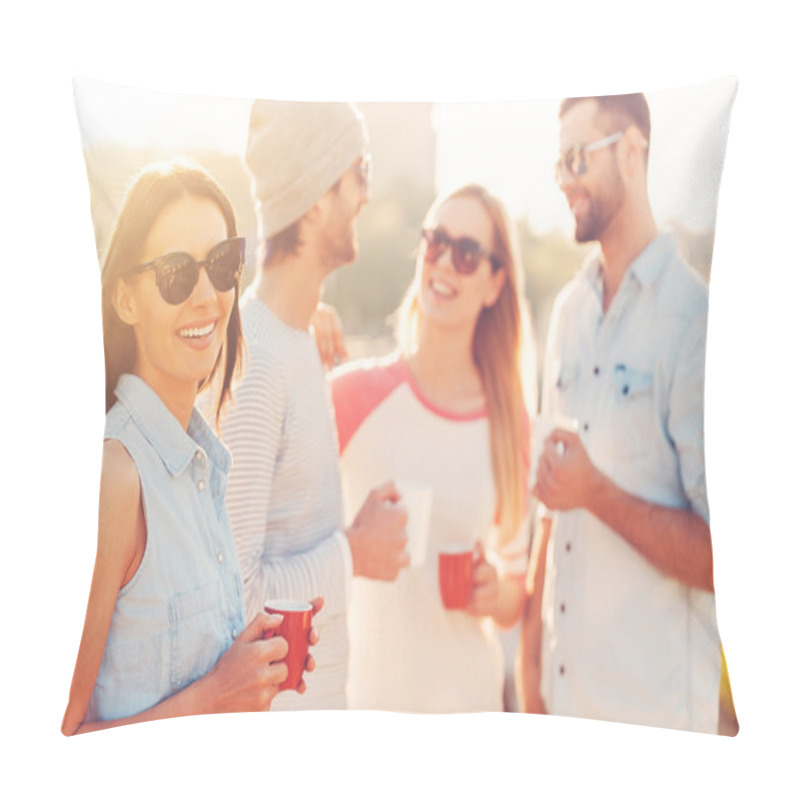 Personality  Woman Holding Coffee Cup On Terrace Pillow Covers