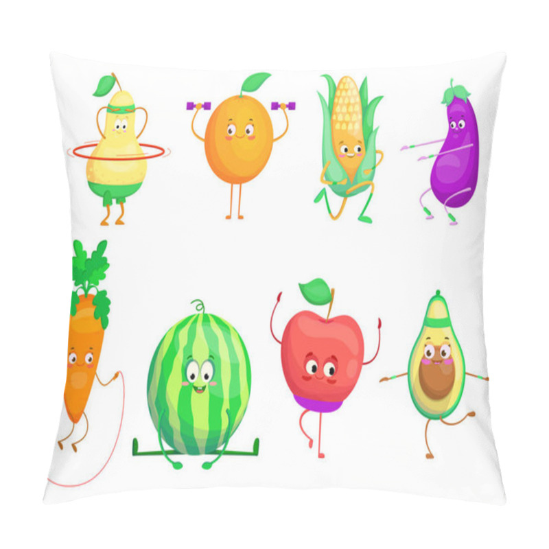 Personality  Active Cartoon Fruit And Vegetables Set. Pear, Apple, Avocado, Watermelon, Carrot Doing Sport Exercises. Vector Illustrations For Healthy Lifestyle, Nutrition For Activity, Wellness Concept Pillow Covers