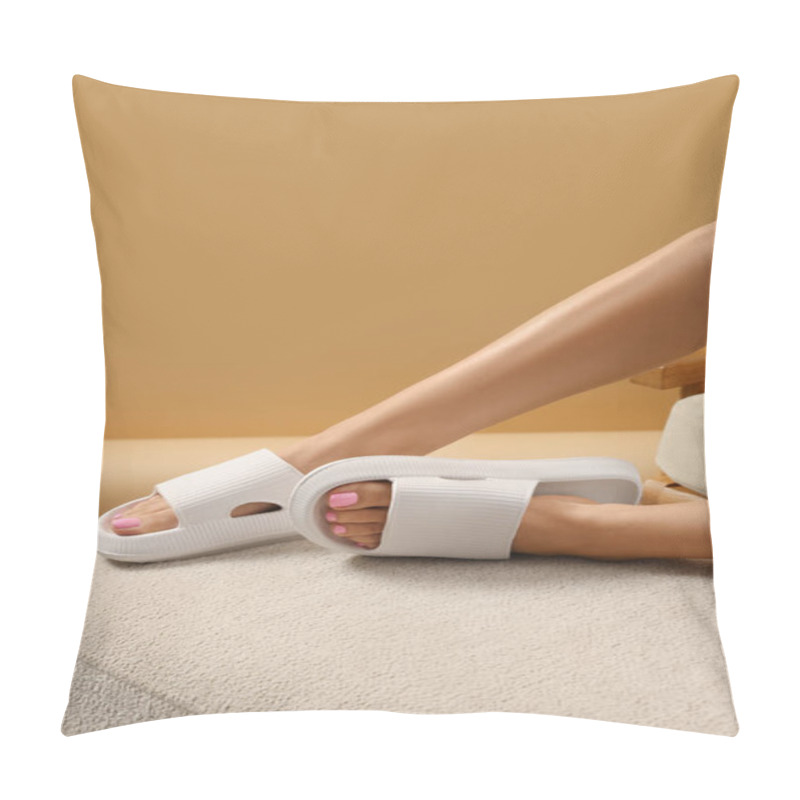 Personality  Woman Wearing Comfortable Rubber Slippers Indoors, Closeup. Space For Text Pillow Covers