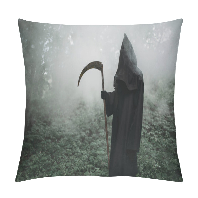 Personality  Death In A Black Hoodie And With A Scythe In The Dark Misty Forest. Horror Style, Fear, Spooky Demon Pillow Covers